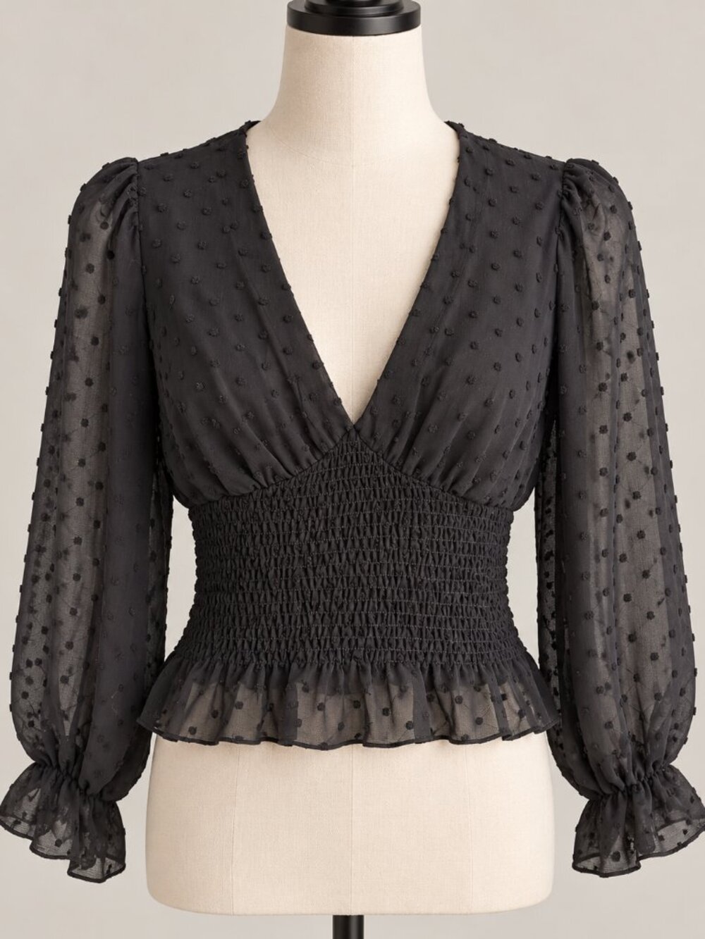 C095 Wild Love Black Swiss Dot Smocked-Waist Blouse